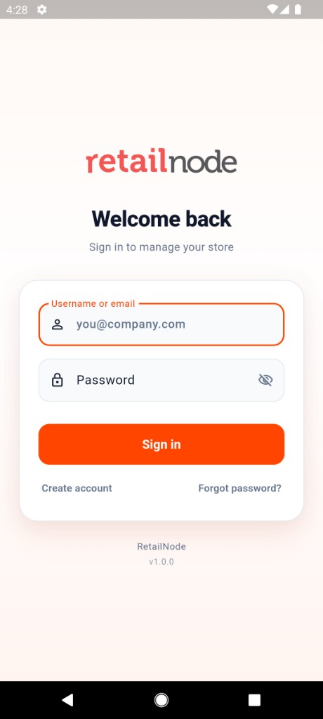RetailNode mobile sign-in screen