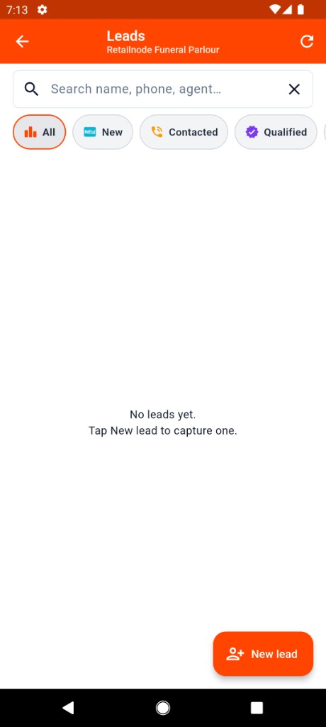 RetailNode mobile leads screen