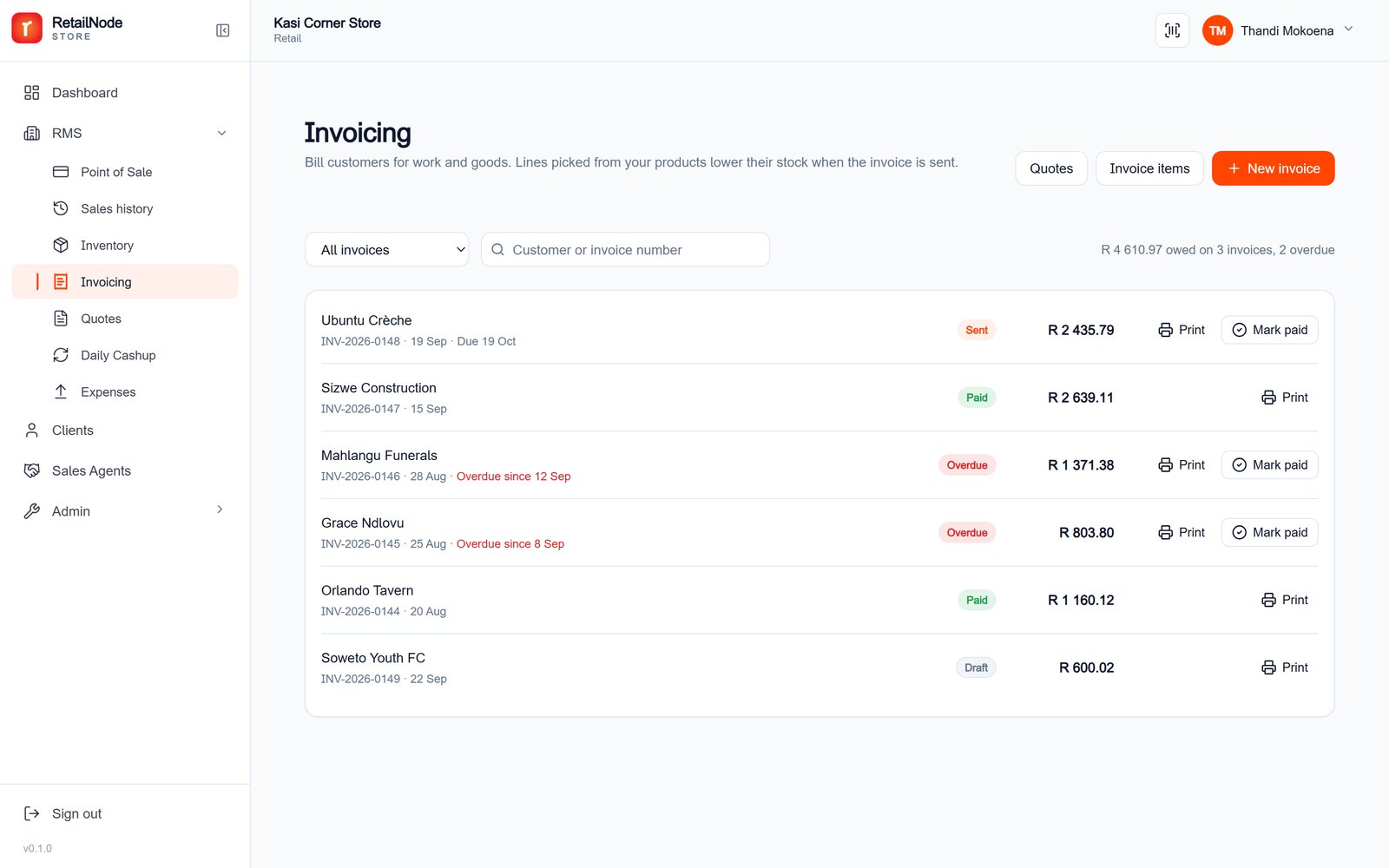 The RetailNode invoice list: sent, paid, overdue and draft invoices with what is still owed