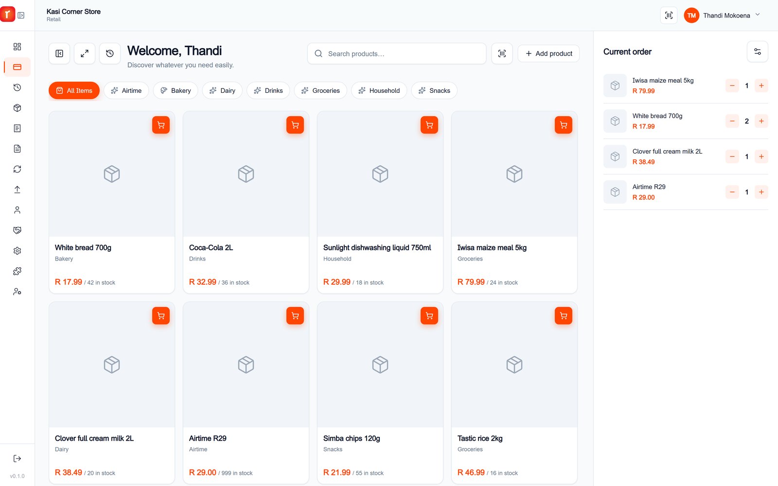 The RetailNode till: product grid on the left, the current sale and payment on the right